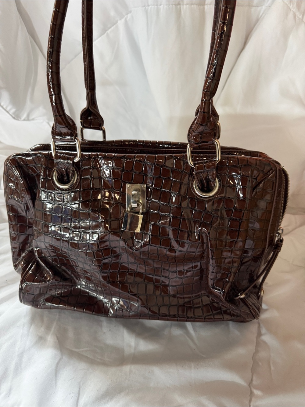 Croc-Embossed Patent Satchel in Dark Brown